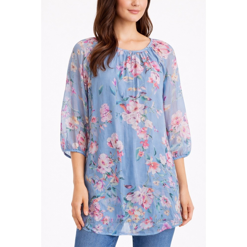 Bellambra Silk Blend Floral Tunic‎ Blue Sheer Boho Top Italy M NWT